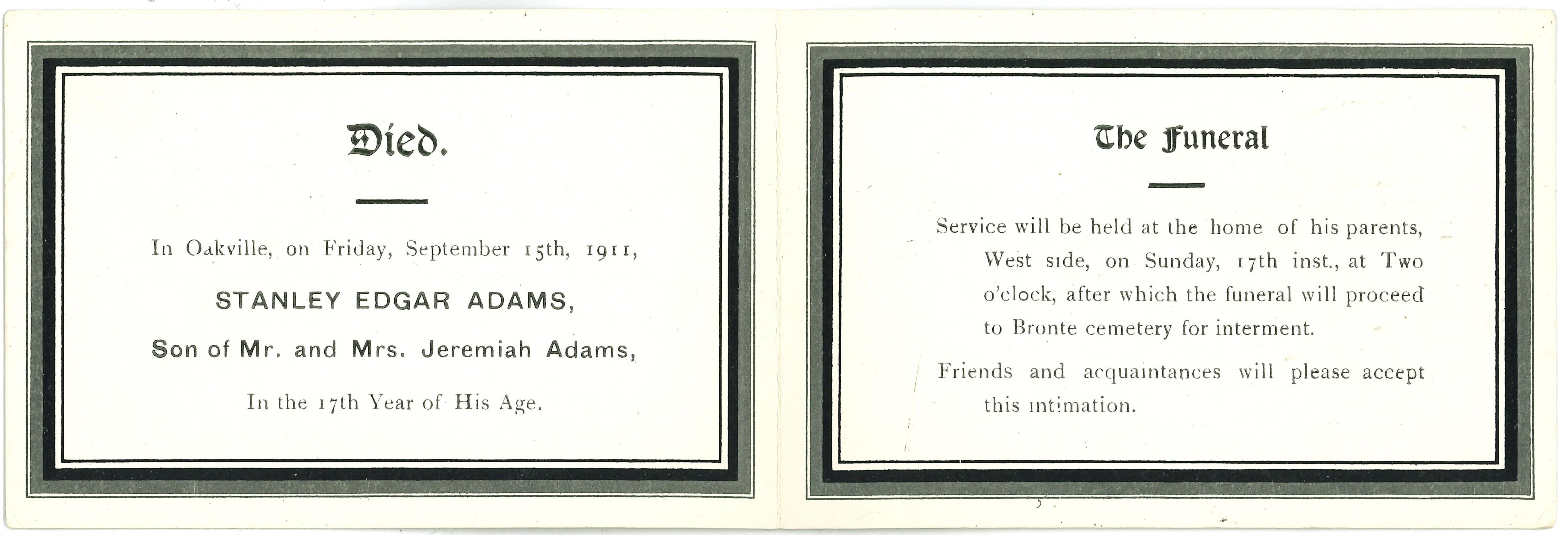 Stanley Edgar Adams funeral card, 1911
